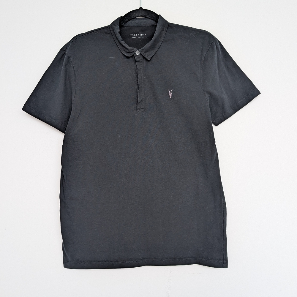 AllSaints Brace Short Sleeve Washed Black Polo Shirt Cotton Sz M Golf Neutral